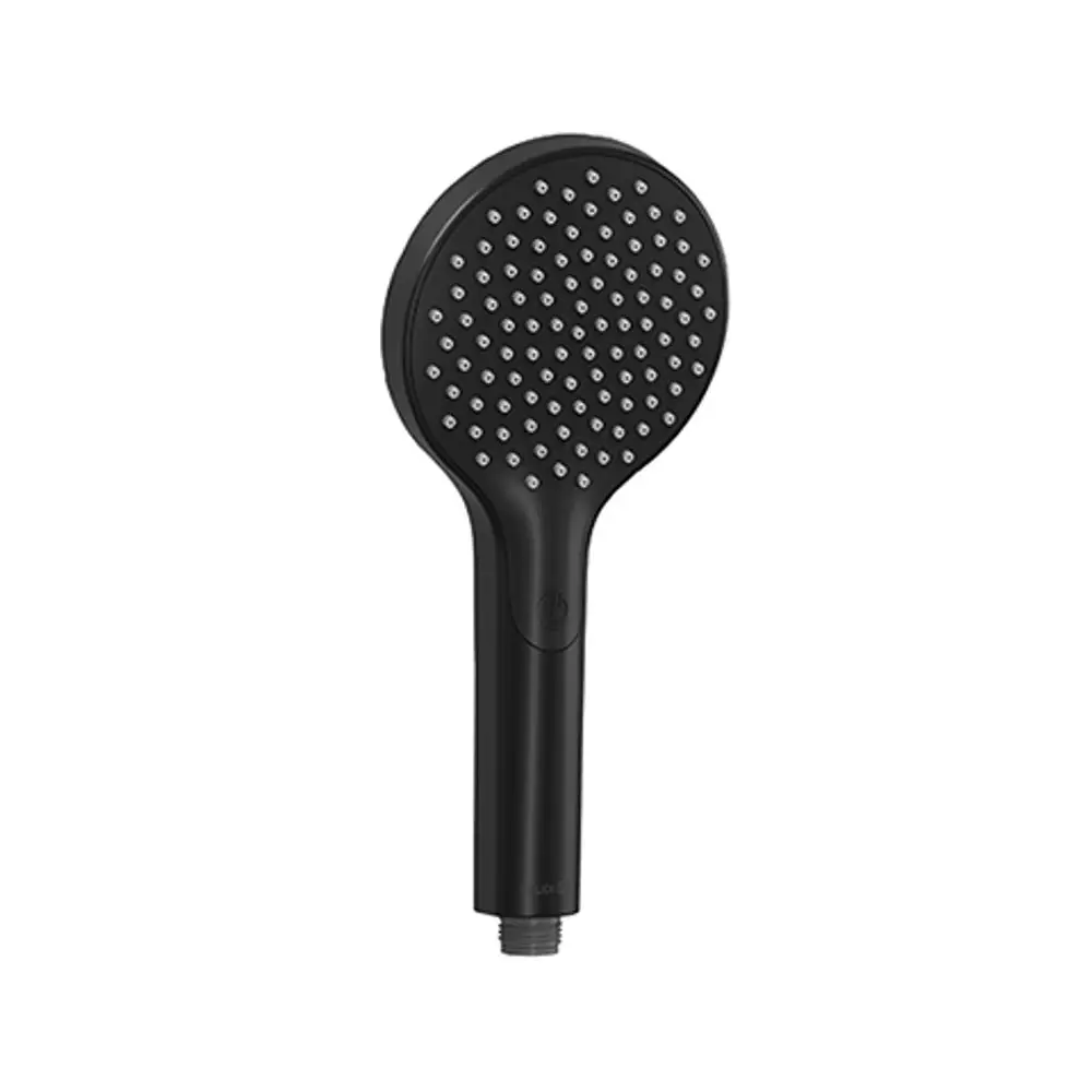Schwarze Handbrause von Kludi mit runder Düse und gleichmäßigen Wasserlöchern. Schlichtes Design, geeignet für verschiedene Duschanlagen.